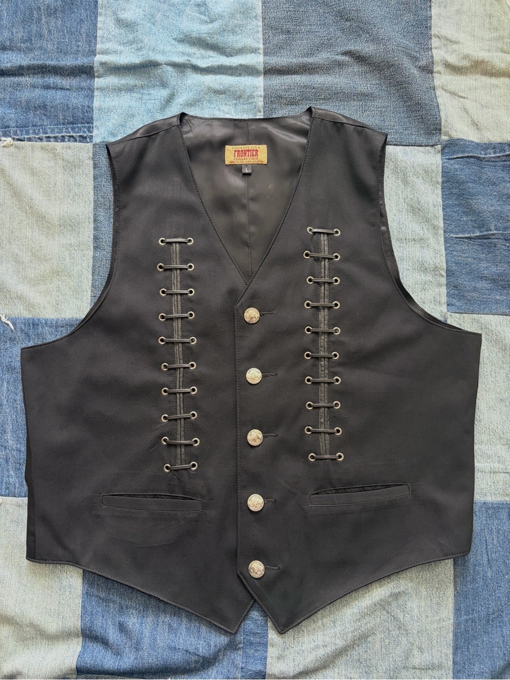 Vtg phoenix USA frontier collection black western vest leather lace up size L